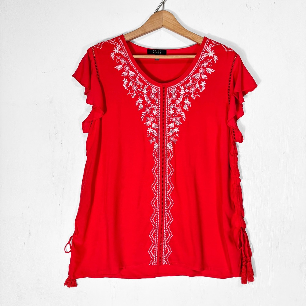 Kelly Renee Red Embroidered‎ Ruffle Sleeve Tassel Tie Blouse XL Boho Lightweight